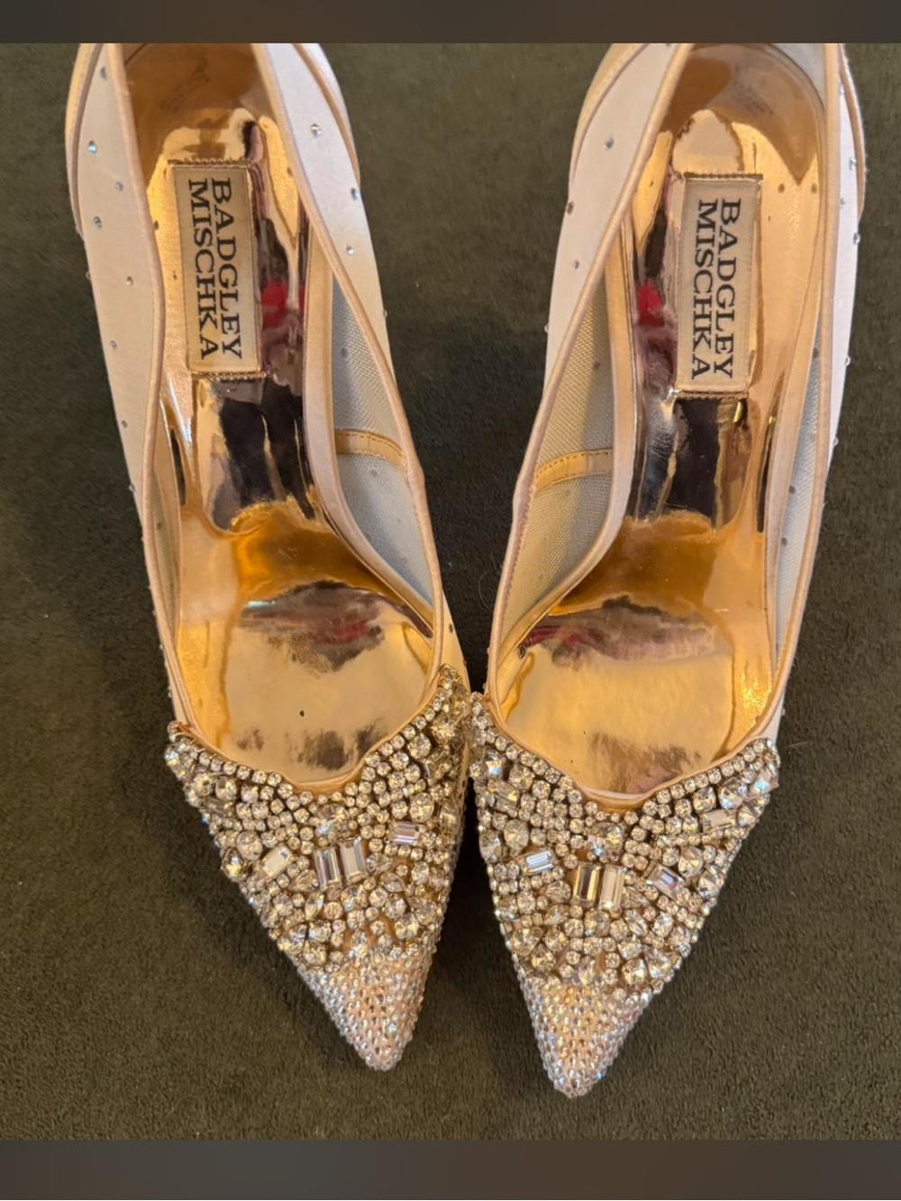 Badgley Mischka Ivory Satin Crystal-Embellished Pointed Toe Heels